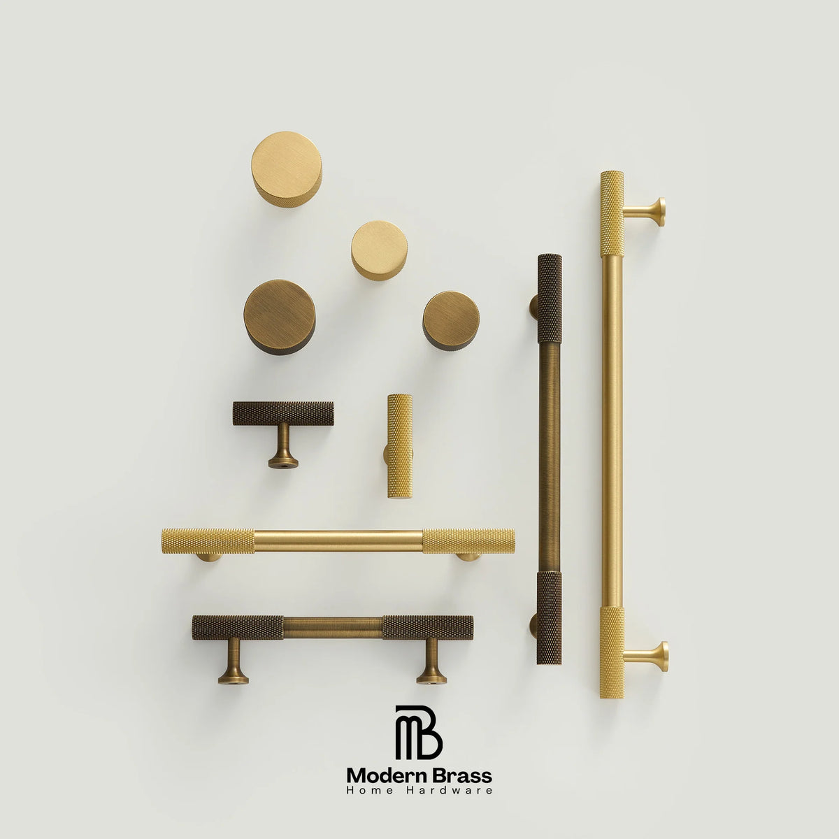 Three round cabinet knobs in black, matte brass, and brushed brass are arranged on a light beige surface against a warm beige background. The Modern Brass logo is visible at the bottom.