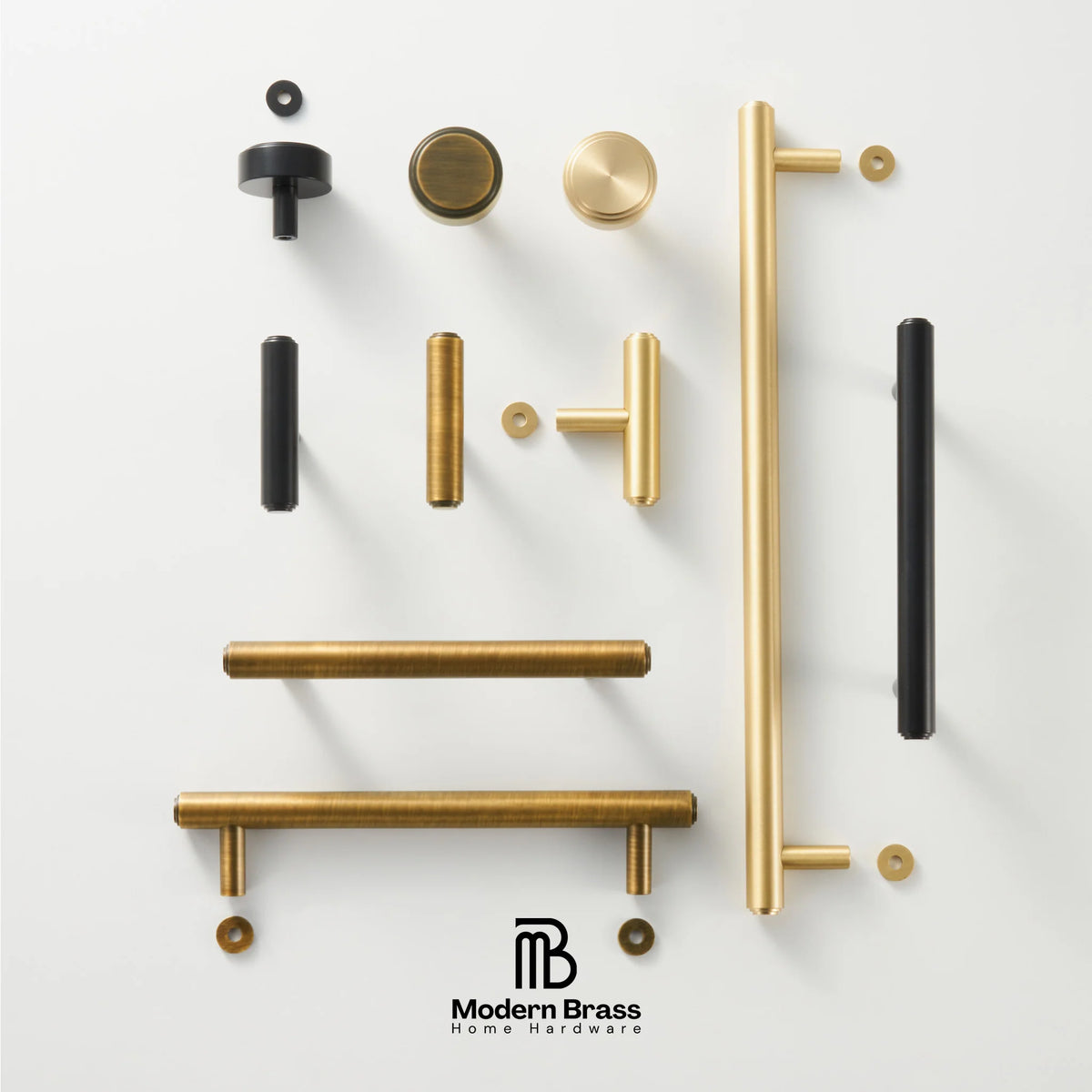 A collection of modern brass and black metal cabinet handles and knobs arranged neatly on a clean white background, with the Modern Brass logo at the bottom.