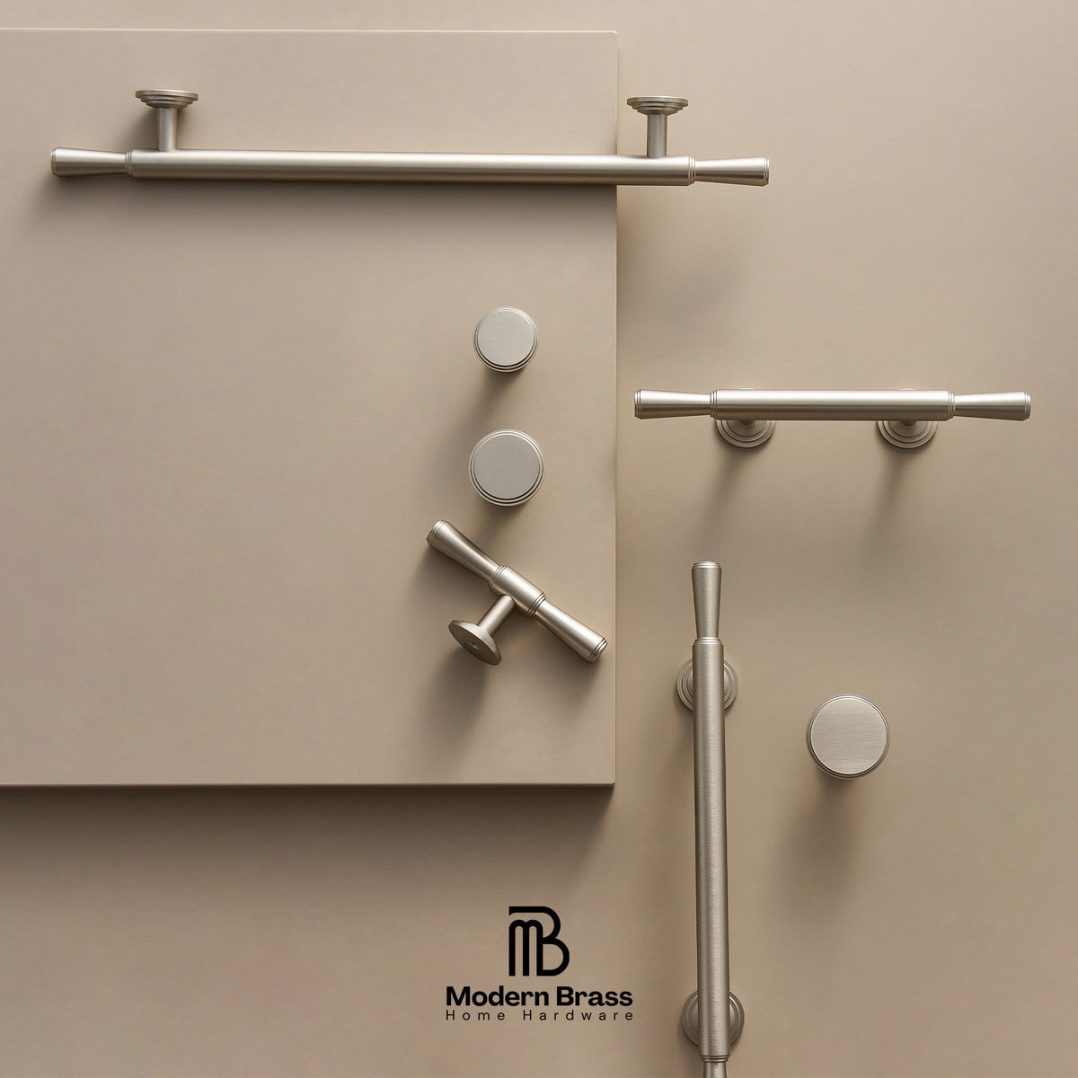 Collection of modern bathroom fixtures on a beige background with 'Modern Brass' branding.