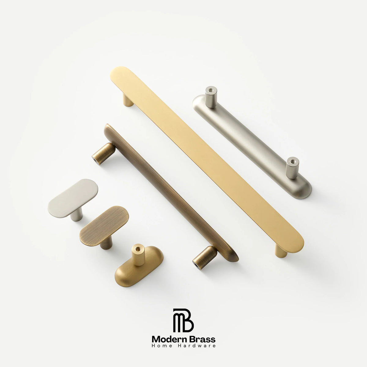 Six modern cabinet knobs in various shapes and finishes, including two long bar handles, two oval pulls, and two round knobs, shown in gold, bronze, and silver tones on a white background. The Modern Brass Home Hardware logo is visible at the bottom.