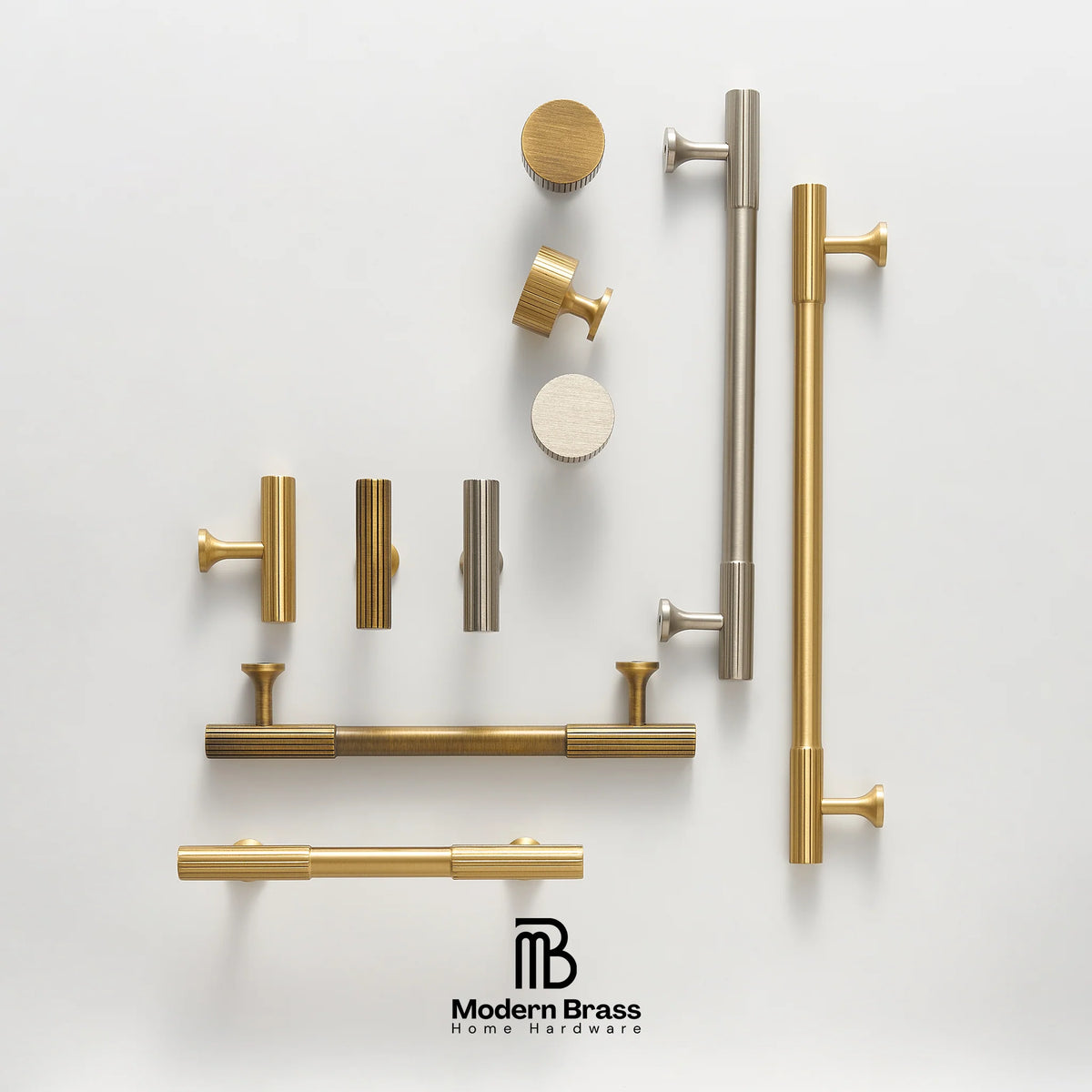 Black door handle on a white door with 'Modern Brass' branding.