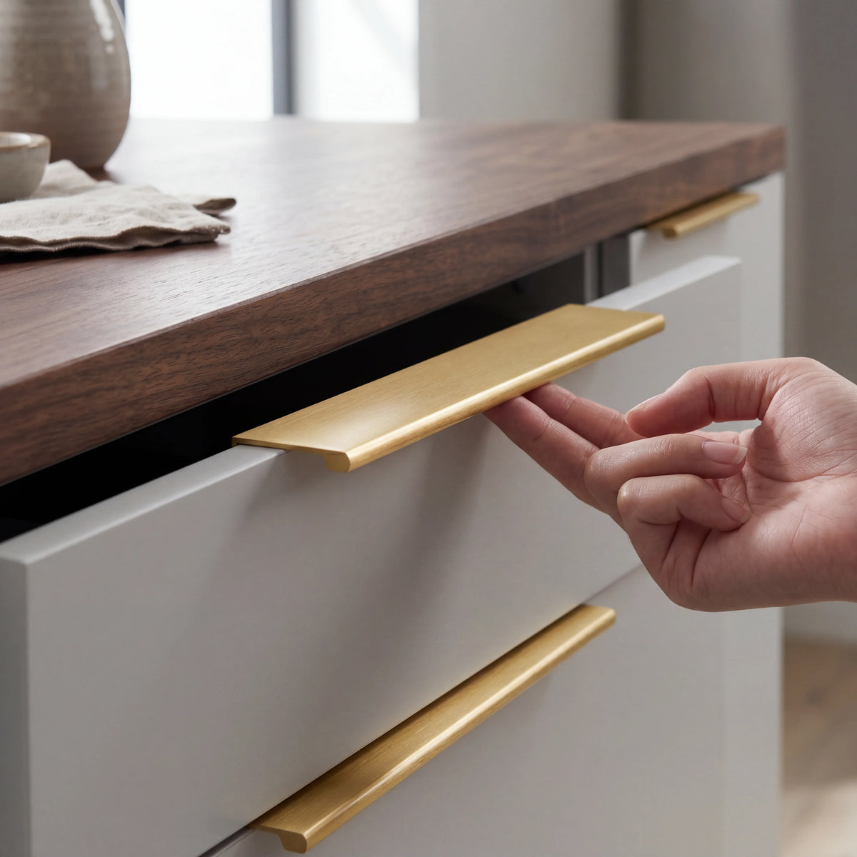 Solid brass cabinet finger edge pulls for modern farmhouse
