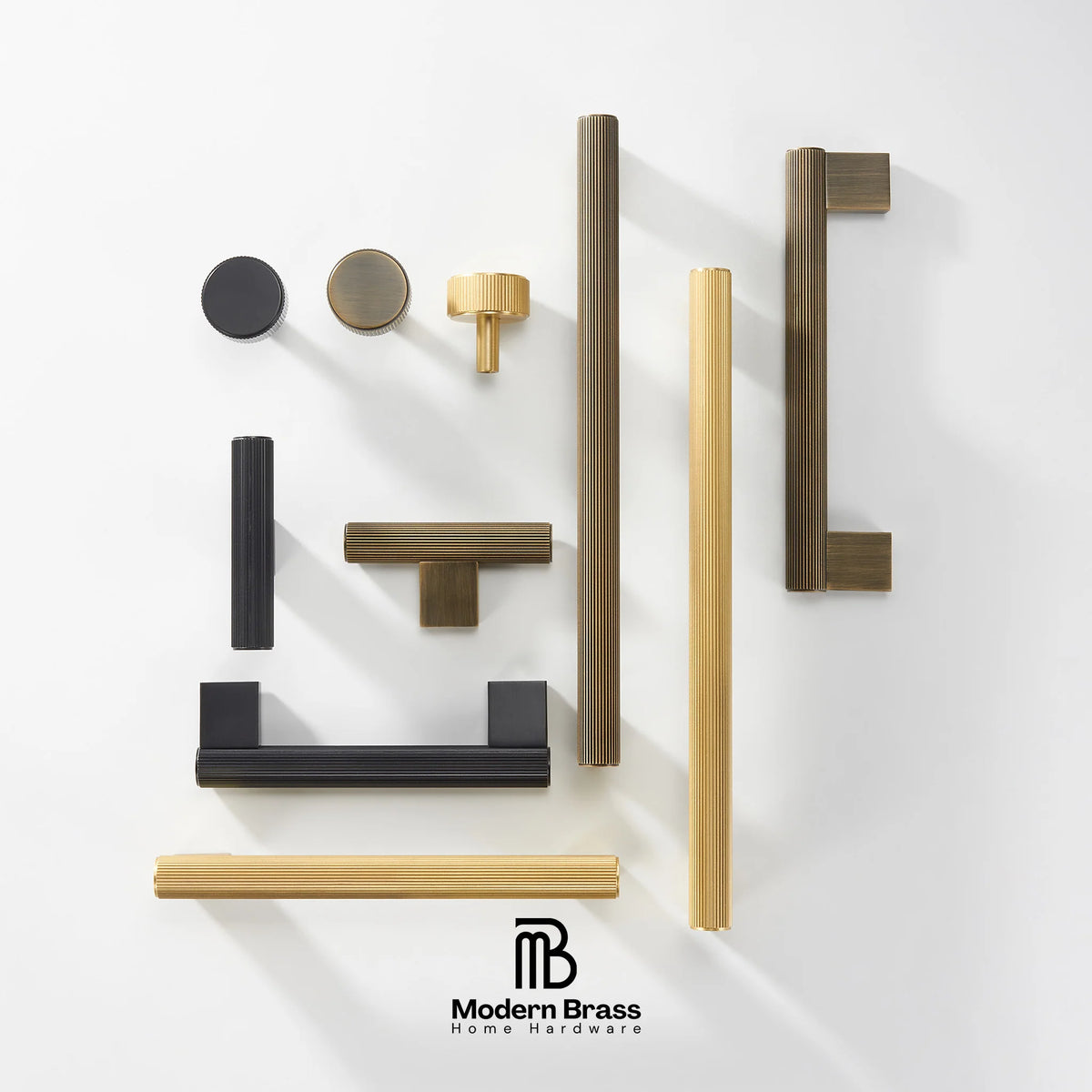 An assortment of modern brass and satin nickel cabinet hardware, including pull handles, knobs, and bar pulls, arranged neatly on a light gray background with the Modern Brass logo at the bottom.