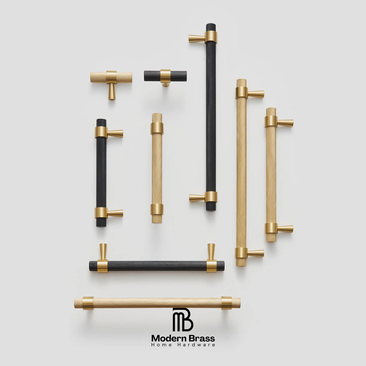 Collection of gold and black door handles on a light gray background with 'Modern Brass' branding.