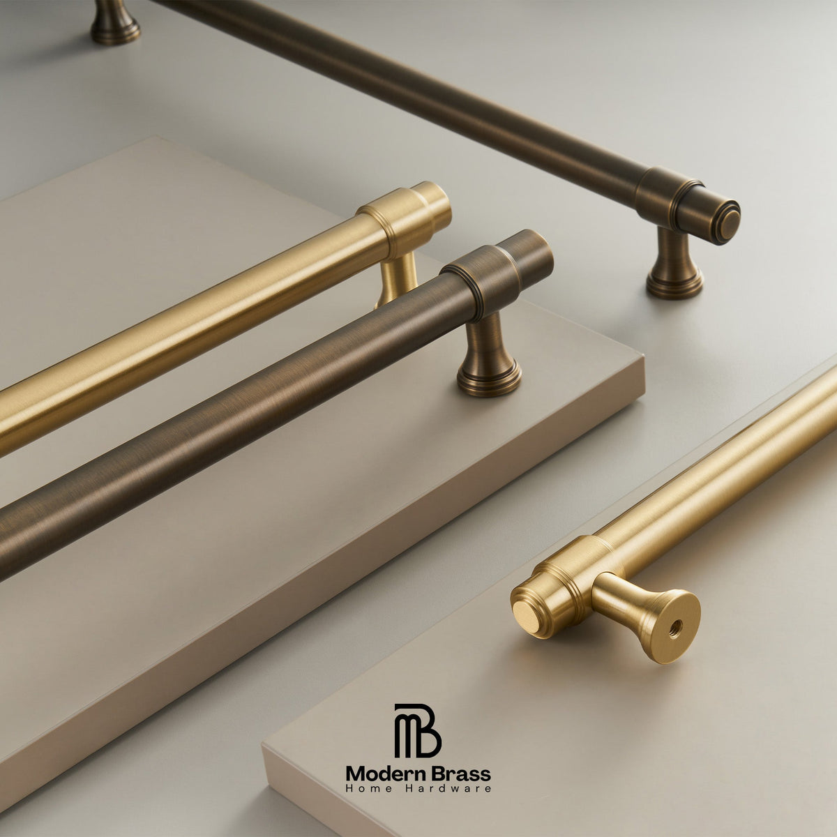Set of gold and bronze cabinet handles on a neutral background with 'Modern Brass' branding.