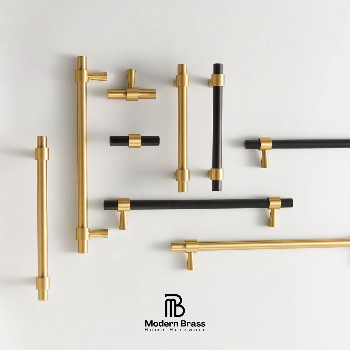 Collection of gold and black door handles on a light gray background with 'Modern Brass' branding.
