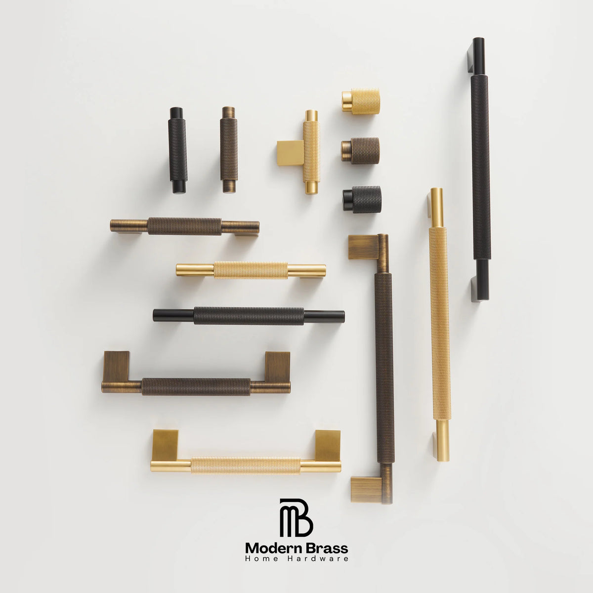 An assortment of modern brass and dark bronze cabinet hardware pulls and knobs arranged neatly on a light gray background, with the Modern Brass logo at the bottom.