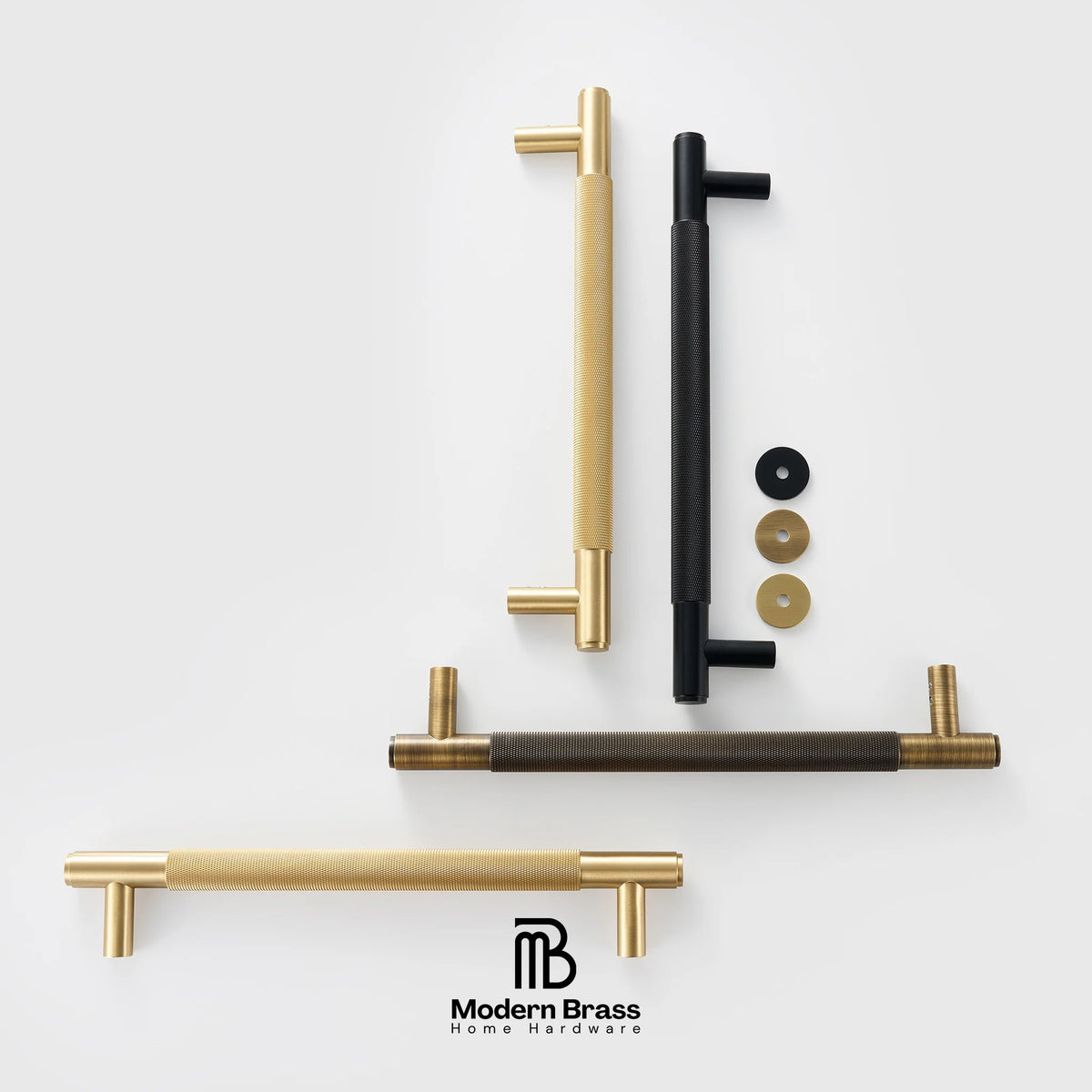 Set of modern door handles in gold, black, and bronze on a white background with 'Modern Brass' branding.