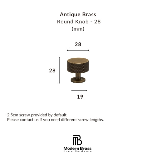 Product information graphic for an Antique Brass Round Knob - 28 (mm), showing a brass knob centered with dimension labels 28, 19, and 28, plus text noting a 2.5cm screw provided by default.