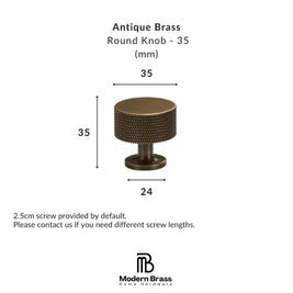 A product dimension diagram of an Antique Brass round knob, showing its 35mm diameter and 35mm height with a 24mm base width, alongside text and the Modern Brass Home Hardware logo.