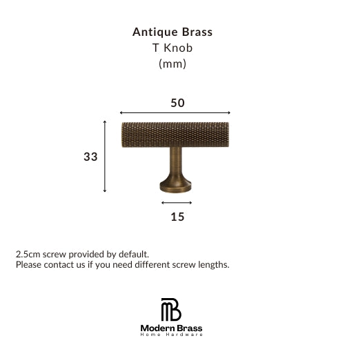 A product information graphic for an Antique Brass T Knob from Modern Brass Home Hardware, showing a brass knob with dimension labels of 80mm width and 33mm height, plus text noting a 2.5cm screw is included by default.