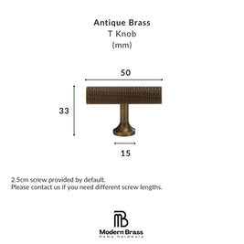 A product information graphic for an Antique Brass T Knob from Modern Brass Home Hardware, showing a brass knob with dimension labels of 80mm width and 33mm height, plus text noting a 2.5cm screw is included by default.