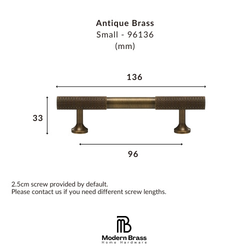 Product dimension diagram of an antique brass cabinet pull handle, showing measurements of 136 mm length, 33 mm width, and 96 mm depth, with the Modern Brass Home Hardware logo at the bottom.