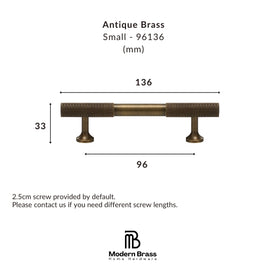 Product dimension diagram of an antique brass cabinet pull handle, showing measurements of 136 mm length, 33 mm width, and 96 mm depth, with the Modern Brass Home Hardware logo at the bottom.