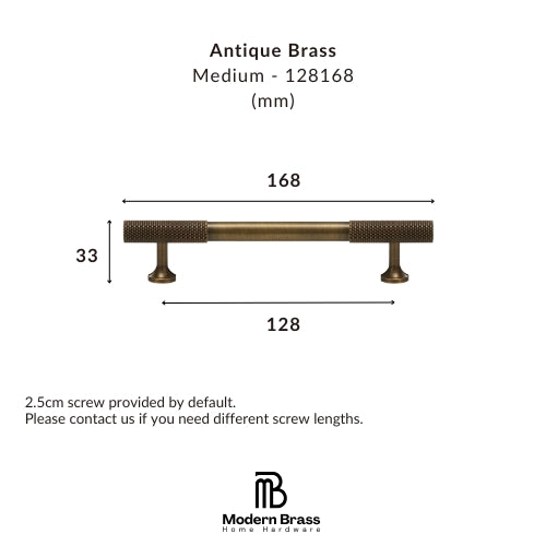 Technical dimension diagram of an antique brass cabinet pull handle, showing measurements of 168 mm width, 128 mm span, and 33 mm height, with the Modern Brass Home Hardware logo at the bottom.