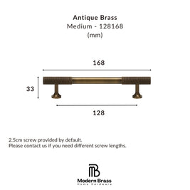 Technical dimension diagram of an antique brass cabinet pull handle, showing measurements of 168 mm width, 128 mm span, and 33 mm height, with the Modern Brass Home Hardware logo at the bottom.