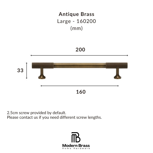 A dimension diagram of an Antique Brass large linear channel fixture by Modern Brass Home Hardware, showing measurements of 160mm length, 200mm depth, and 44mm width, with text detailing the screw provision.