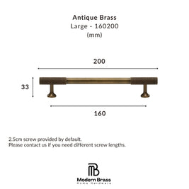 A dimension diagram of an Antique Brass large linear channel fixture by Modern Brass Home Hardware, showing measurements of 160mm length, 200mm depth, and 44mm width, with text detailing the screw provision.