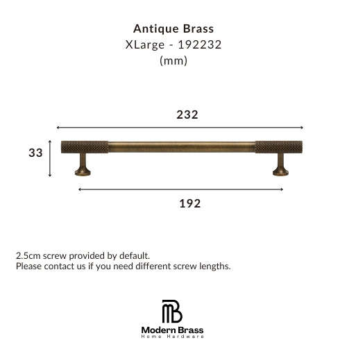 Technical dimension diagram of an Antique Brass XLarge cabinet pull handle, showing measurements of 232 mm length, 192 mm span, and 33 mm height, with the Modern Brass Home Hardware logo at the bottom.