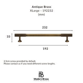 Technical dimension diagram of an Antique Brass XLarge cabinet pull handle, showing measurements of 232 mm length, 192 mm span, and 33 mm height, with the Modern Brass Home Hardware logo at the bottom.