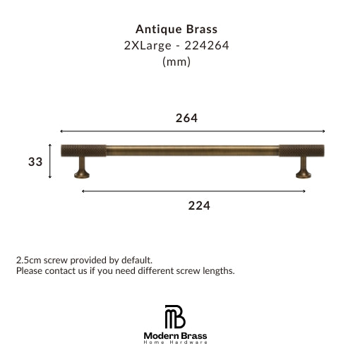 A dimension diagram of an antique brass cabinet pull handle on a white background, showing measurements of 264 mm width, 224 mm span, and 33 mm height, with the Modern Brass Home Hardware logo at the bottom.