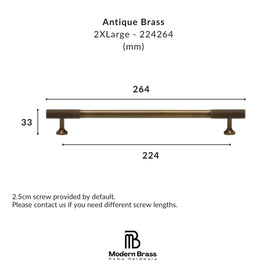 A dimension diagram of an antique brass cabinet pull handle on a white background, showing measurements of 264 mm width, 224 mm span, and 33 mm height, with the Modern Brass Home Hardware logo at the bottom.