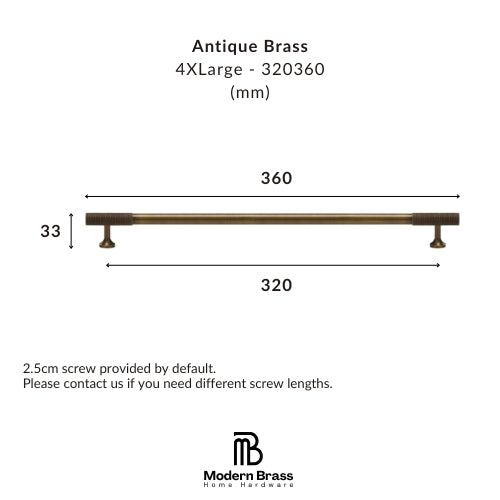Dimension diagram of an antique brass cabinet bar pull by Modern Brass Home Hardware, showing measurements of 360 mm length, 320 mm span, and 33 mm height, with text specifying 4XLarge in millimeters.