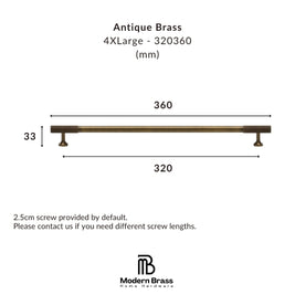 Dimension diagram of an antique brass cabinet bar pull by Modern Brass Home Hardware, showing measurements of 360 mm length, 320 mm span, and 33 mm height, with text specifying 4XLarge in millimeters.