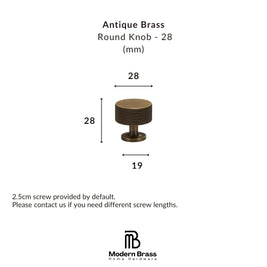 Product information graphic for an Antique Brass Round Knob - 28 (mm), showing a brass knob centered with dimension labels 28, 19, and 28, plus text noting a 2.5cm screw provided by default.