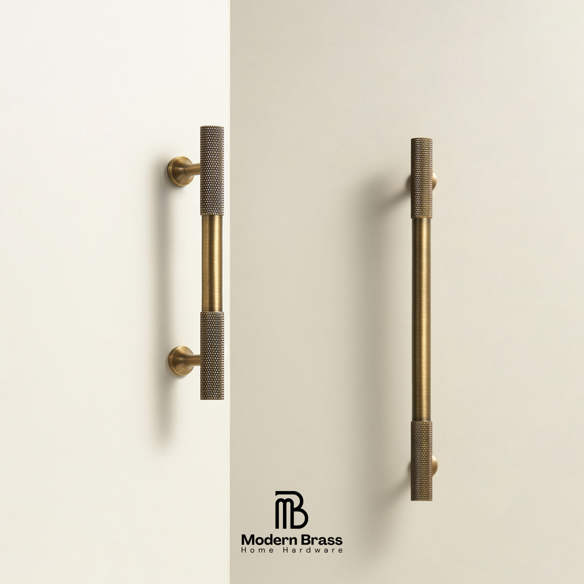 Two modern vertical cabinet handles in brushed brass with knurled textured end caps, mounted on a clean off-white wall. The Modern Brass logo is visible at the bottom.