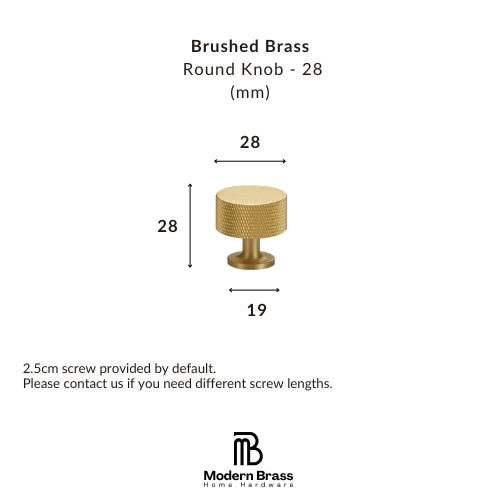 A product dimension diagram for a brushed brass round knob, showing a gold-toned knob with labeled measurements of 28 mm diameter, 28 mm height, and 19 mm width, plus text noting a 2.5 cm screw is included by default.