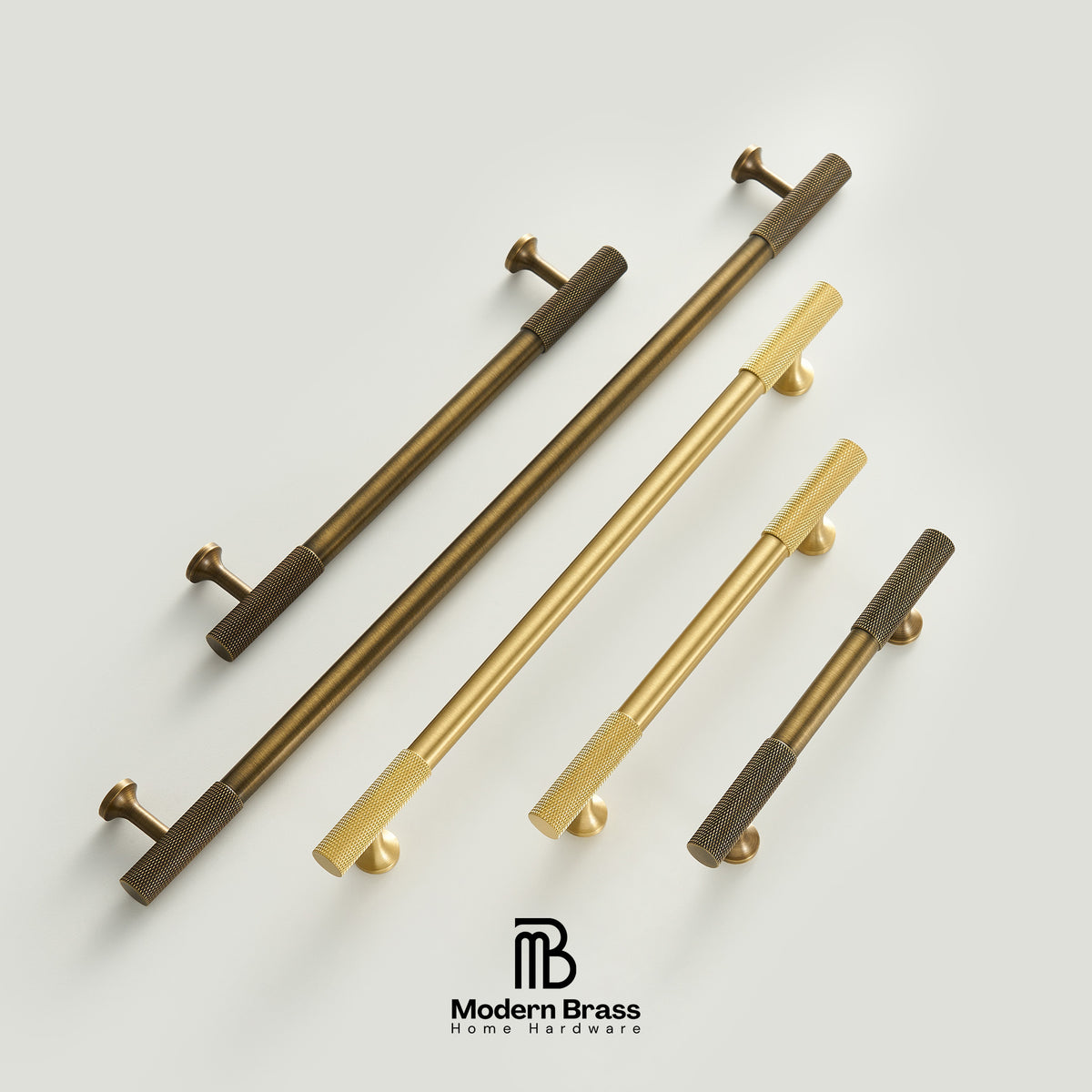 Five modern cabinet pull handles in brass and bronze finishes arranged diagonally on a light gray background, with the Modern Brass Home Hardware logo at the bottom.