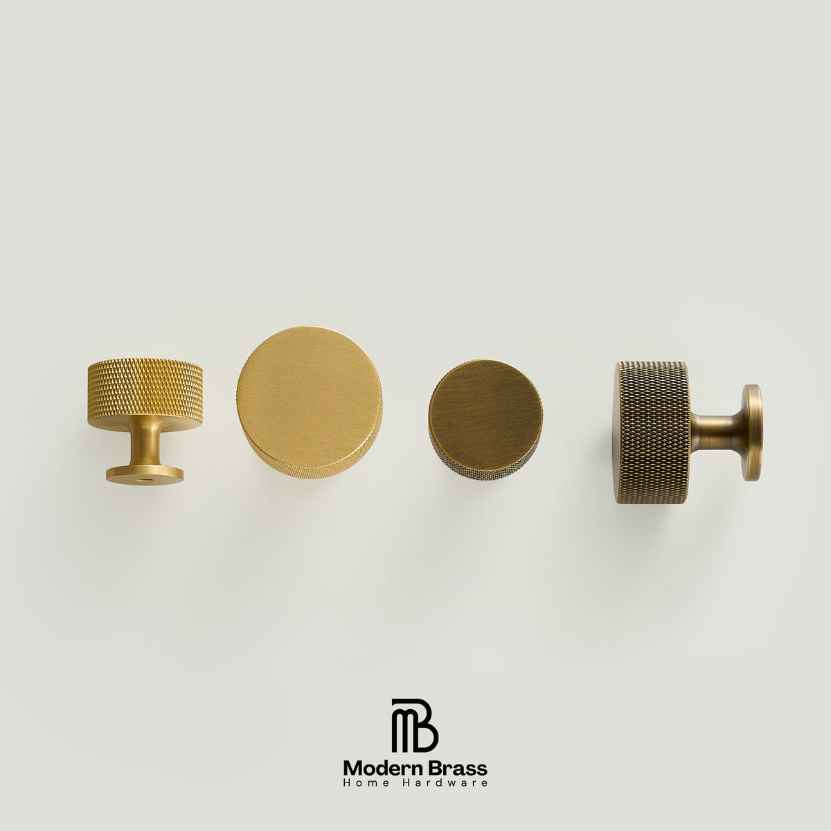 Four brass cabinet knobs in different finishes and shapes arranged horizontally on a light gray background, with the Modern Brass Home Hardware logo below.