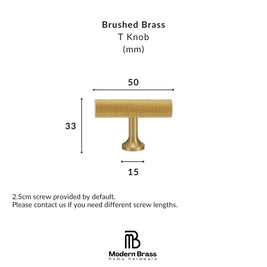 A product dimension diagram for a brushed brass T knob, showing a top-down view with measurements of 50 mm width, 33 mm height, and 15 mm stem diameter, plus text noting a 2.5cm screw provided by default.