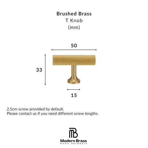 A product dimension diagram for a brushed brass T knob, showing a top-down view with measurements of 50 mm width, 33 mm height, and 15 mm stem diameter, plus text noting a 2.5cm screw provided by default.