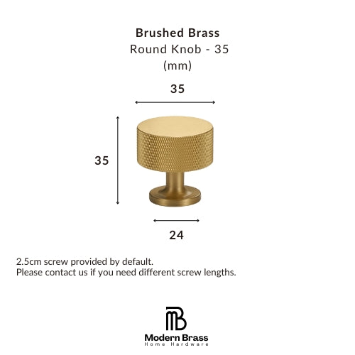 A product dimension diagram of a brushed brass round cabinet knob, showing a 35mm diameter and 35mm height with a 24mm base diameter, on a white background with Modern Brass branding.