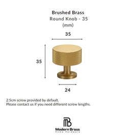 A product dimension diagram of a brushed brass round cabinet knob, showing a 35mm diameter and 35mm height with a 24mm base diameter, on a white background with Modern Brass branding.