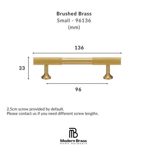 Dimension diagram of a brushed brass small cabinet pull handle, showing measurements of 136 mm length, 33 mm height, and 96 mm base span, with Modern Brass Home Hardware branding.