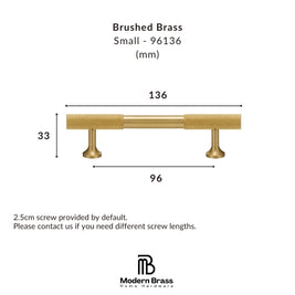 Dimension diagram of a brushed brass small cabinet pull handle, showing measurements of 136 mm length, 33 mm height, and 96 mm base span, with Modern Brass Home Hardware branding.