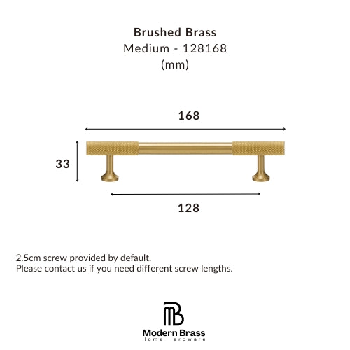A dimension diagram of a brushed brass shelf on a white background, showing measurements of 168 mm width, 30 mm height, and 128 mm shelf span, with the Modern Brass Home Hardware logo at the bottom.