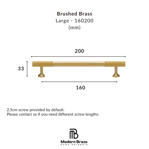 A dimension diagram of a brushed brass shelf labeled 'Large - 160200 (mm)' with measurements 200, 160, and 30, plus text noting a 2.5cm screw provided by default.