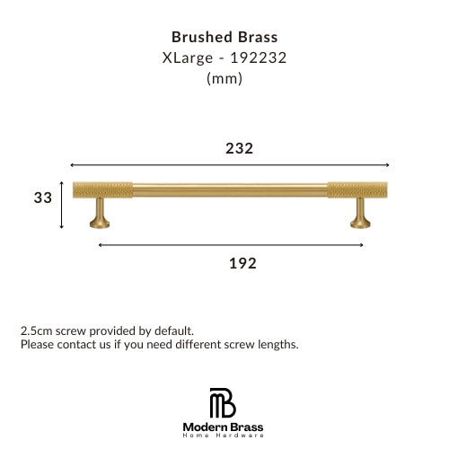 Technical dimension diagram of a brushed brass XLarge pull handle, showing measurements of 232 mm width, 192 mm span, and 33 mm height, with the Modern Brass Home Hardware logo at the bottom.