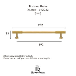 Technical dimension diagram of a brushed brass XLarge pull handle, showing measurements of 232 mm width, 192 mm span, and 33 mm height, with the Modern Brass Home Hardware logo at the bottom.
