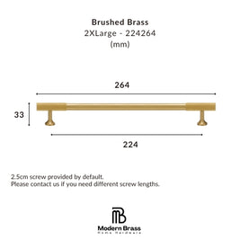 Technical dimension diagram of a brushed brass drawer bar, showing a 2XL size with measurements of 264mm, 224mm, and 33mm, on a white background with the Modern Brass logo.