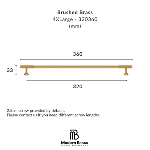 A dimension diagram of a brushed brass bathroom towel bar, labeled 4XLarge - 320360, showing a length of 360 mm, a width of 320 mm, and a height of 33 mm, with the Modern Brass Home Hardware logo at the bottom.