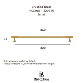 A dimension diagram of a brushed brass bathroom towel bar, labeled 4XLarge - 320360, showing a length of 360 mm, a width of 320 mm, and a height of 33 mm, with the Modern Brass Home Hardware logo at the bottom.