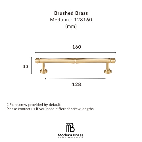 Measurement chart for a brushed brass cabinet handle with dimensions and Modern Brass logo.