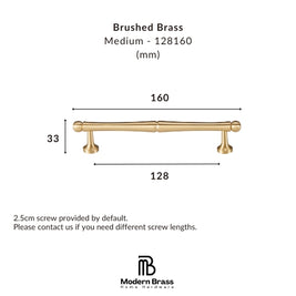 Measurement chart for a brushed brass cabinet handle with dimensions and Modern Brass logo.