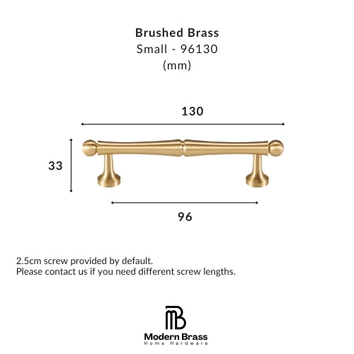 Measurement chart of a brushed brass cabinet handle with dimensions on a white background.
