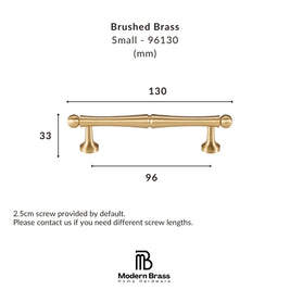 Measurement chart of a brushed brass cabinet handle with dimensions on a white background.